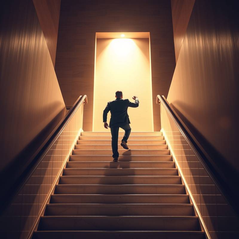 A person climbing a staircase towards success, representing career development.