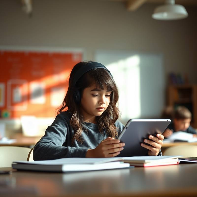 A person using a tablet in a classroom setting, representing educational technology.