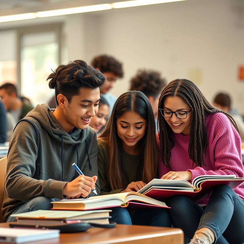 Group of diverse students studying together at a table, representing a learning community.
